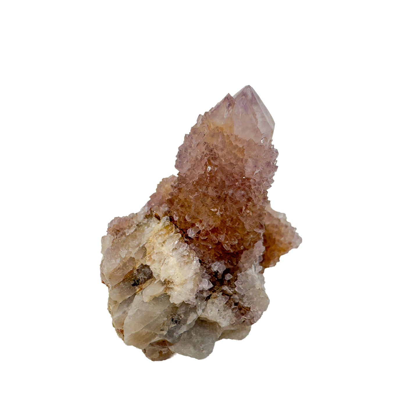 Single Cactus Spirit Quartz point standing upright, its lavender tip rising from a rust-toned iron-stained base still carrying host rock.