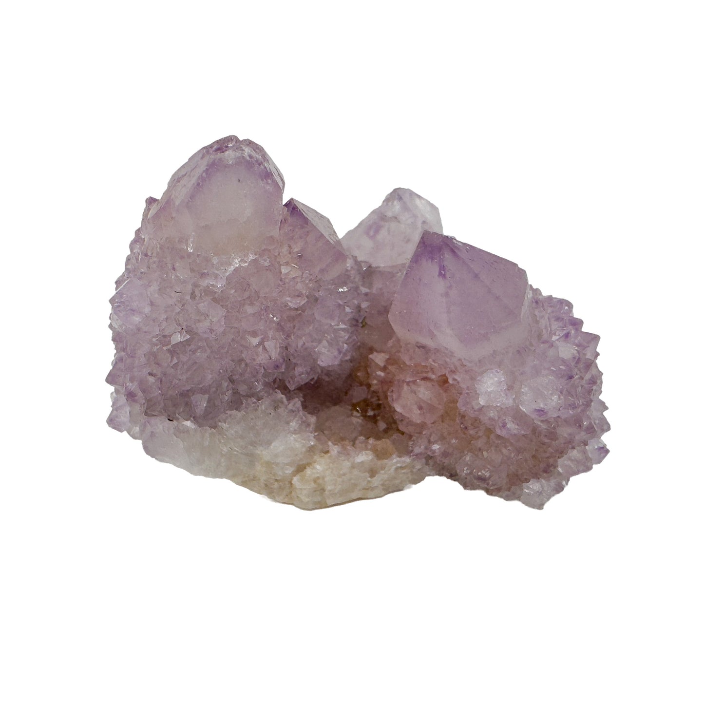 Cactus Spirit Quartz cluster with two amethystine terminations sharing a single base, each face carpeted in fine druzy crystals.