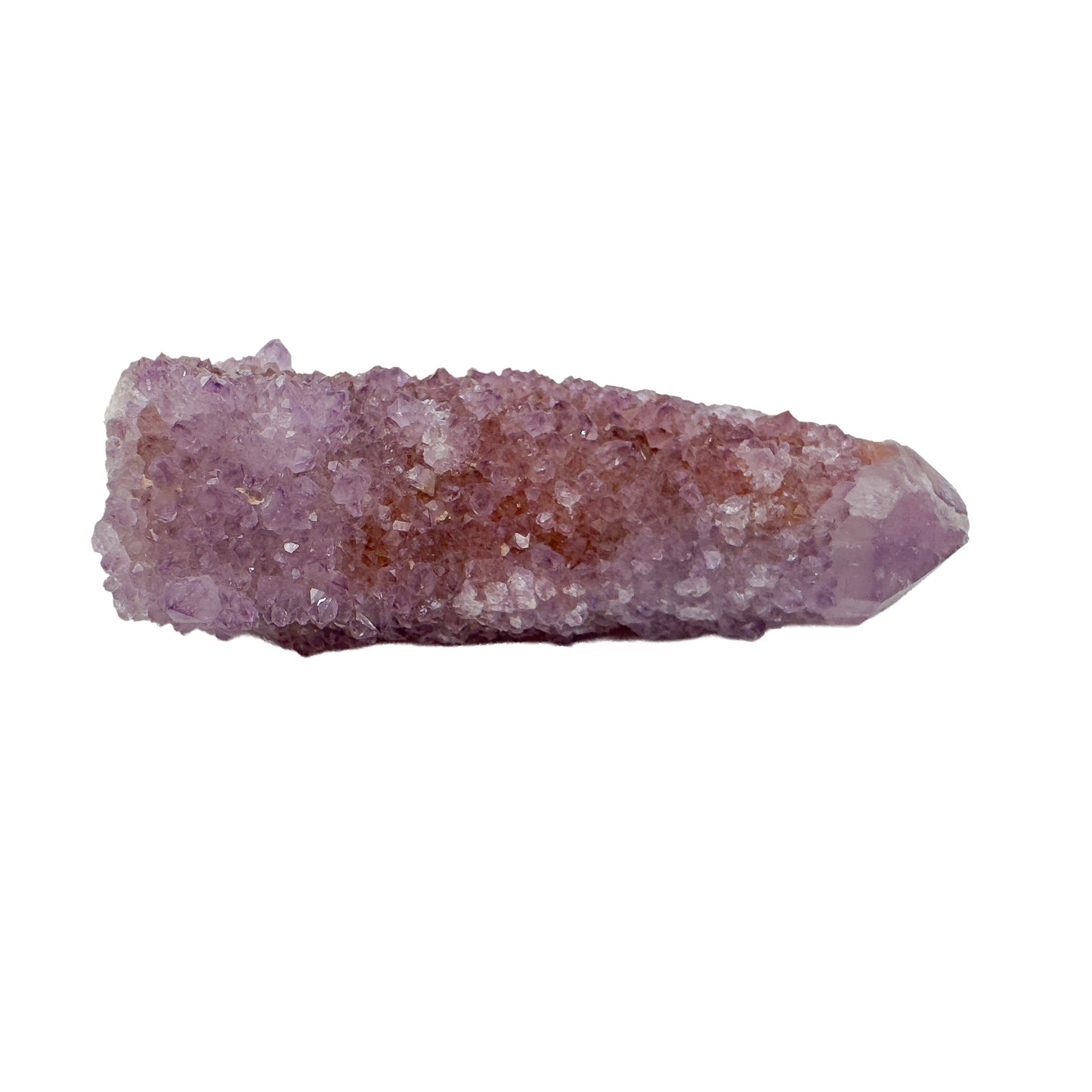 Side profile of an elongated Spirit Quartz point lying flat, showing how the druzy coating wraps the full length of the crystal.