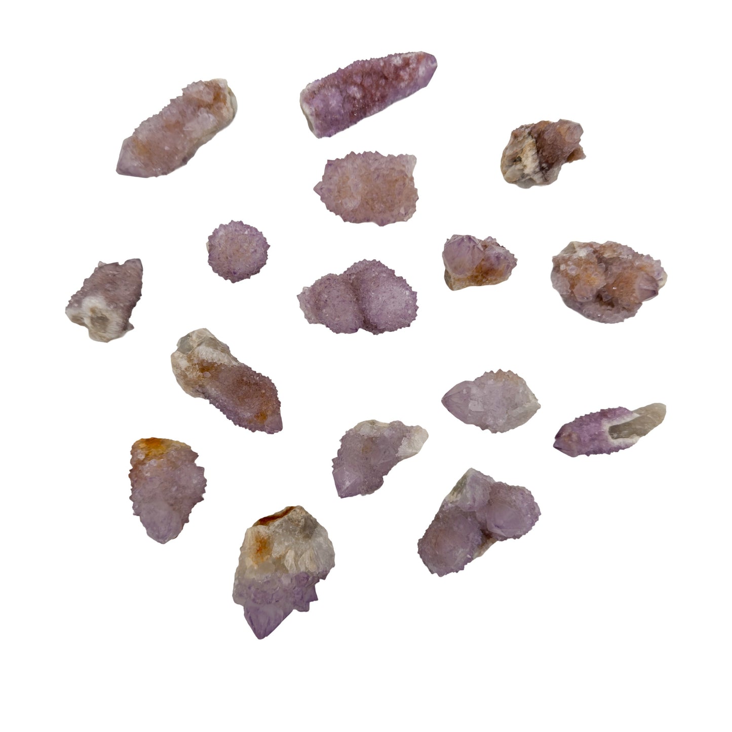 Sixteen small Cactus Spirit Quartz crystals spread across white, giving a sense of what a bulk lot of this size grade looks like.