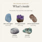 What's inside The Calm & Sleep Kit: blue lace agate 20 to 40 g, amethyst cluster 20 to 50 g, lithium quartz point 25 to 50 g, howlite 20 to 40 g, larimar 20 to 50 g, drawn in true proportion to each other