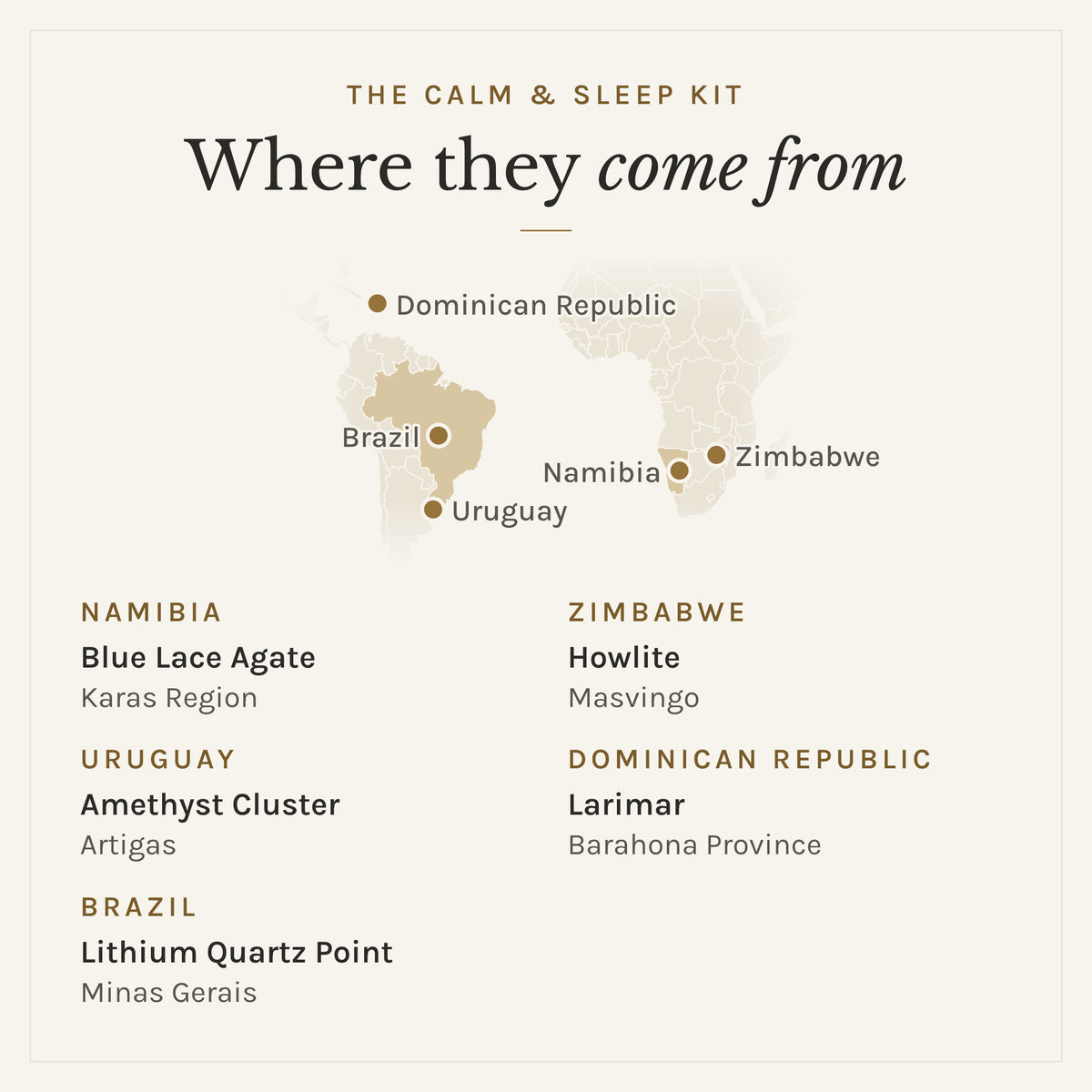 Map of where the stones in The Calm & Sleep Kit come from: Namibia (blue lace agate), Uruguay (amethyst cluster), Brazil (lithium quartz point), Zimbabwe (howlite) and Dominican Republic (larimar)