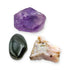 The Calm, Love & Protection Trio: amethyst, pink opal and black tourmaline, shown together on white
