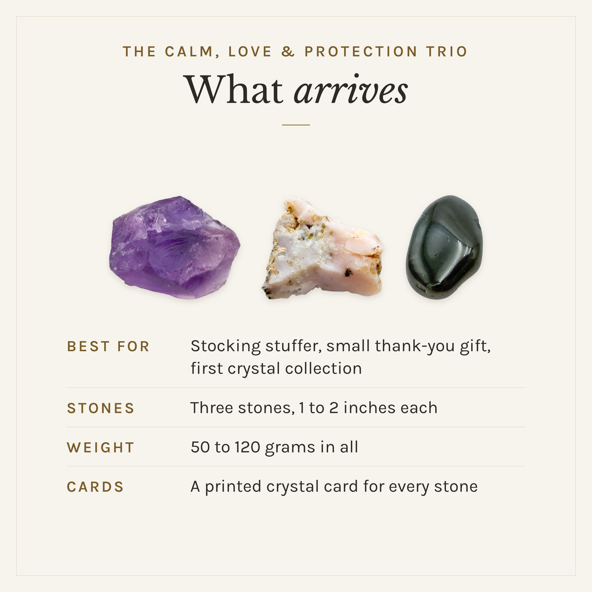 What arrives with The Calm, Love & Protection Trio: three stones, 1 to 2 inches each, 50 to 120 grams in all, and a printed crystal card for every stone. Best for: stocking stuffer, small thank-you gift, first crystal collection