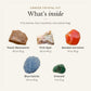 What's inside the Cancer Crystal Kit: peach moonstone 20 to 50 g, pink opal 20 to 40 g, banded carnelian 10 to 30 g, blue calcite 20 to 50 g, emerald 5 to 15 g, drawn in true proportion to each other
