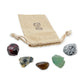 Capricorn Crystal Kit: garnet, black tourmaline in quartz, smoky quartz, fluorite and snowflake obsidian, arranged with the reusable cotton bag they come in, on white