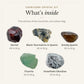 What's inside the Capricorn Crystal Kit: garnet 20 to 50 g, black tourmaline in quartz 20 to 50 g, smoky quartz 20 to 50 g, fluorite 20 to 50 g, snowflake obsidian 20 to 40 g, drawn in true proportion to each other