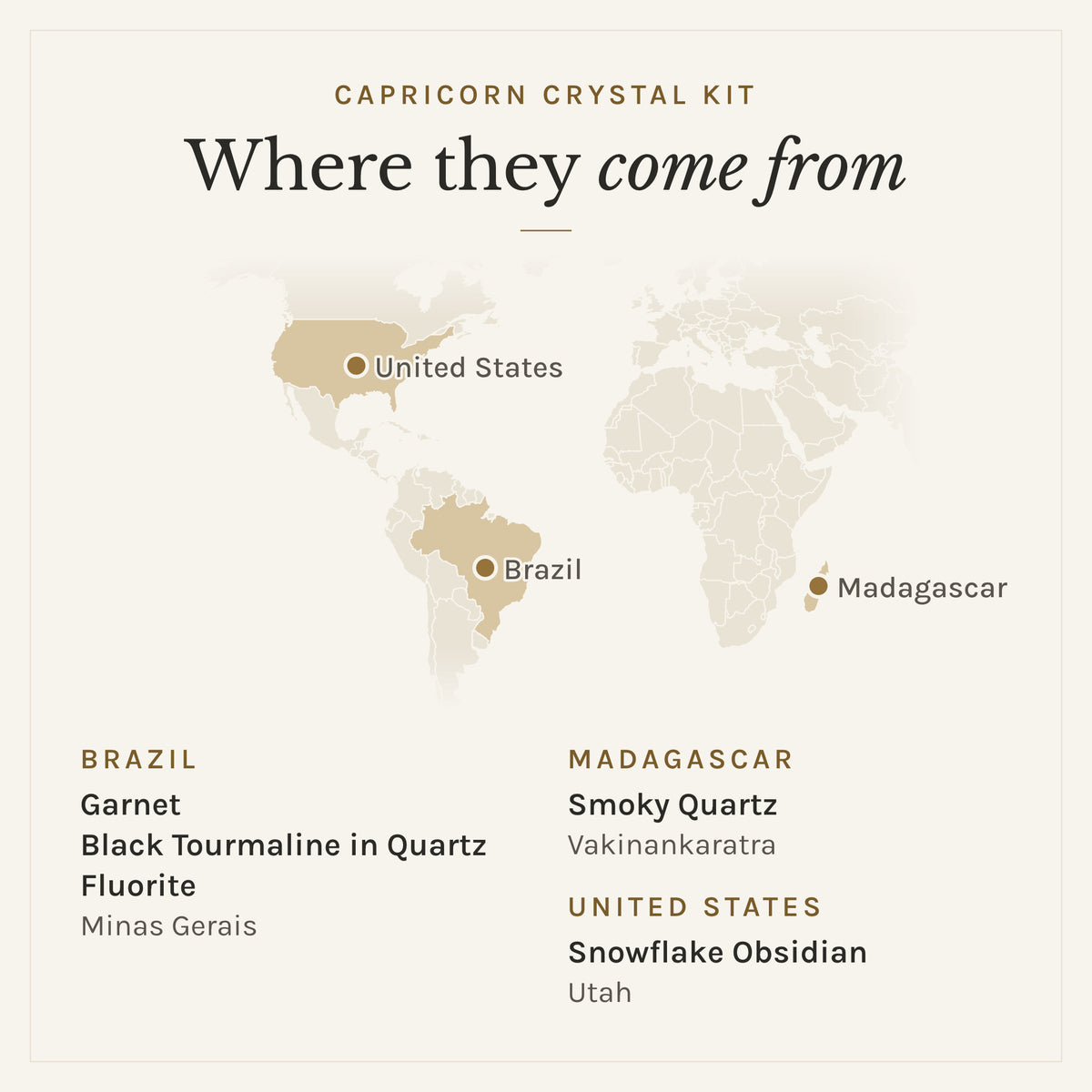 Map of where the stones in the Capricorn Crystal Kit come from: Brazil (garnet, black tourmaline in quartz and fluorite), Madagascar (smoky quartz) and United States (snowflake obsidian)