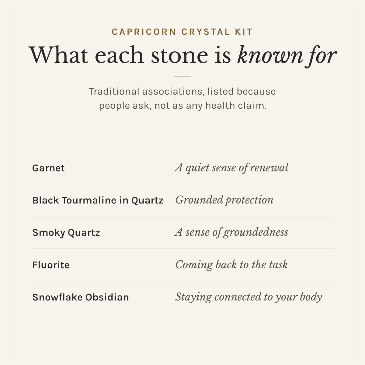 What each stone in the Capricorn Crystal Kit is traditionally known for: garnet, a quiet sense of renewal; black tourmaline in quartz, grounded protection; smoky quartz, a sense of groundedness; fluorite, coming back to the task; snowflake obsidian, staying connected to your body. Listed as traditional associations, not health claims