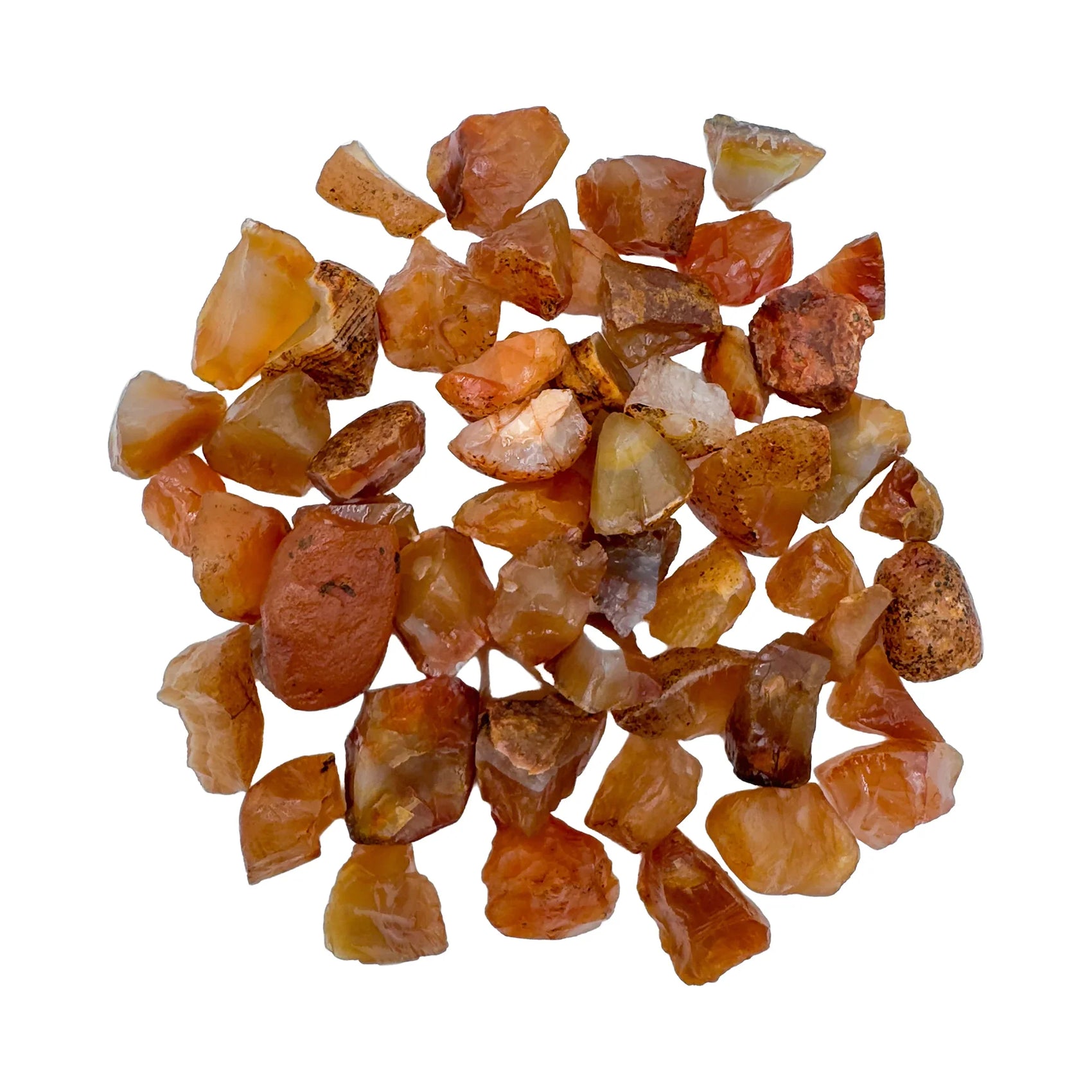 Up-close view of Carnelian raw stone, for Creativity and Confidence, sourced from Brazil.