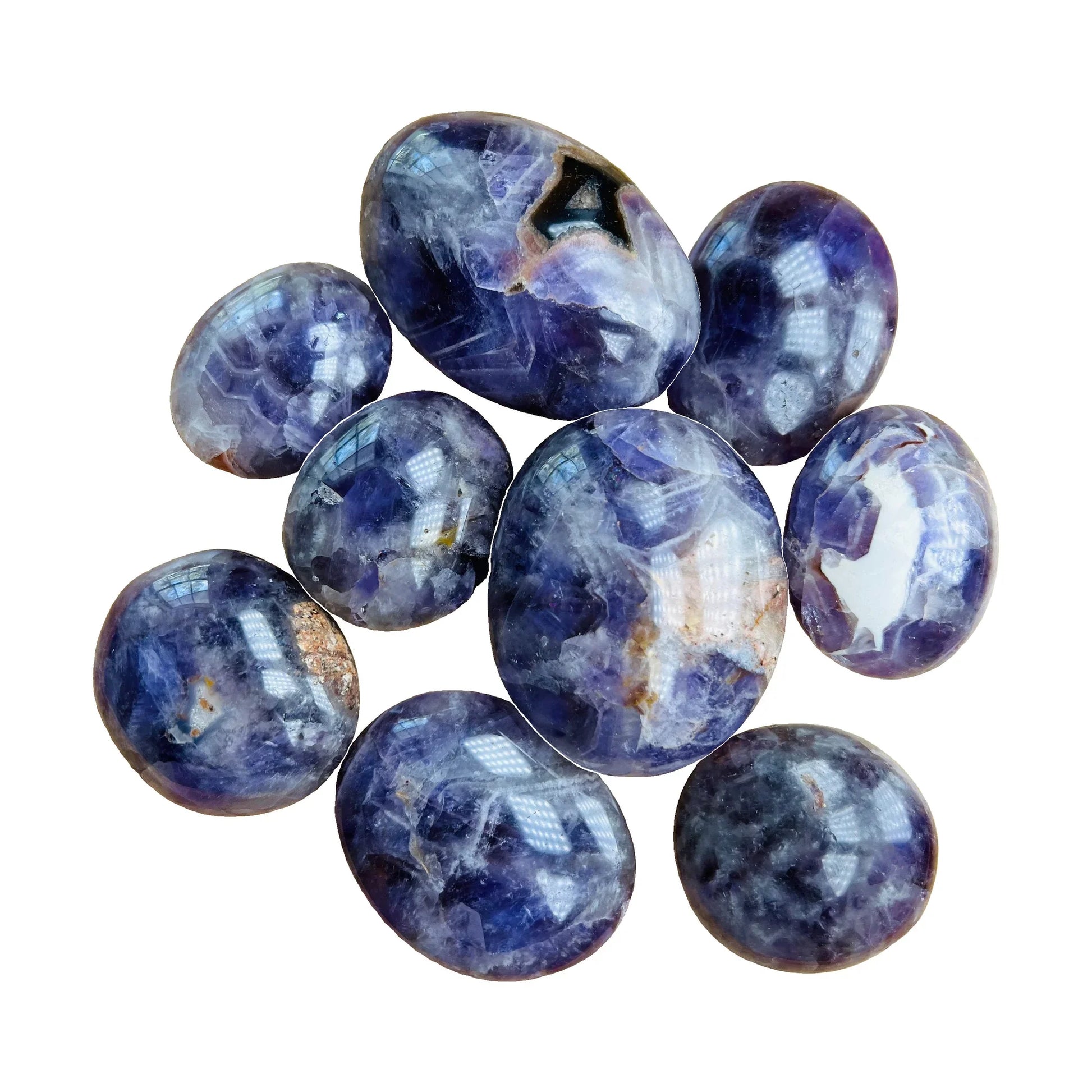 Polished Chevron Amethyst Palm Stones to support Focus, Intuition & Meditation — purple smooth polished, AA grade from Madagascar