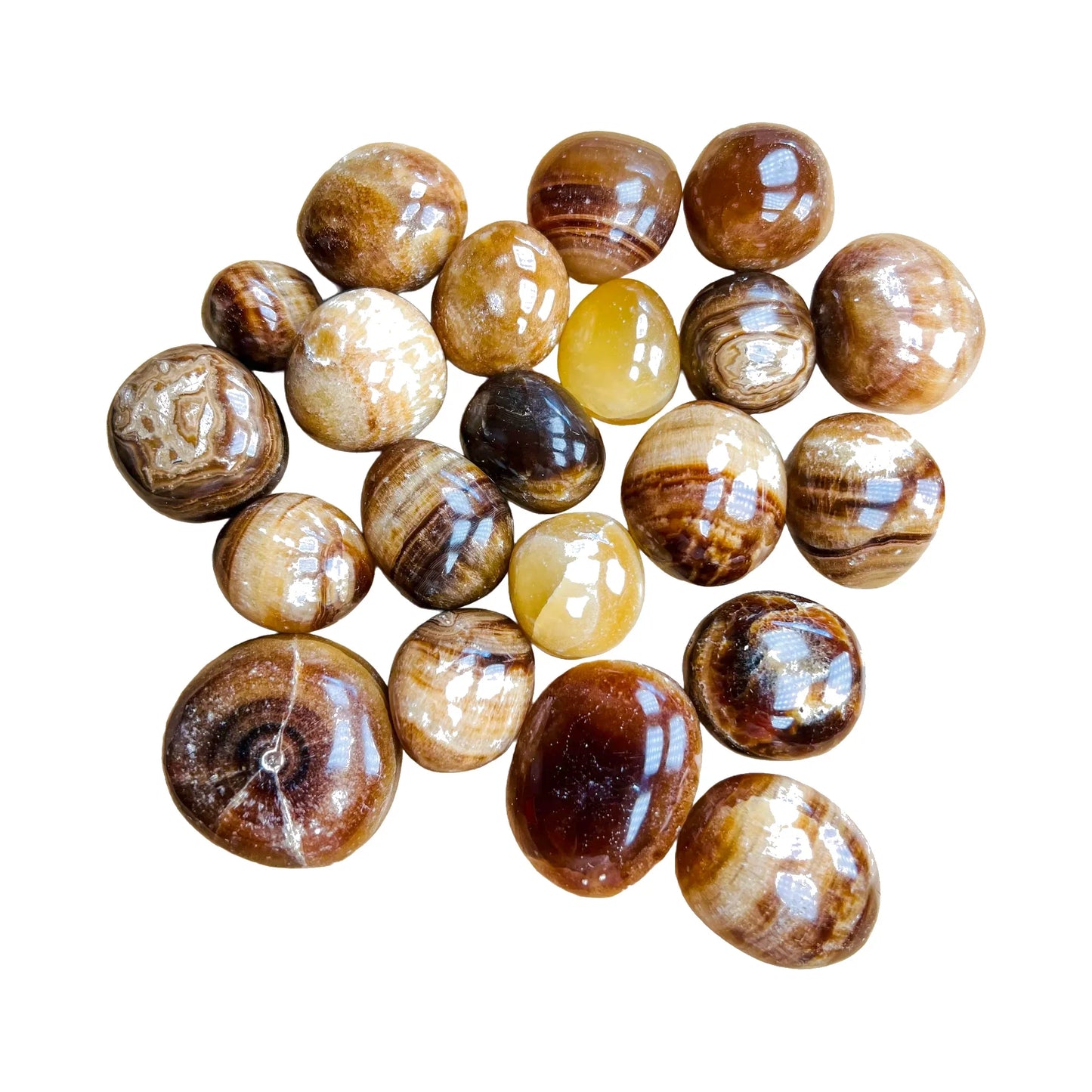 Polished Chocolate Calcite Palm Stones traditionally associated with Focus, Grounding & Healing — brown polished, AA grade from Peru