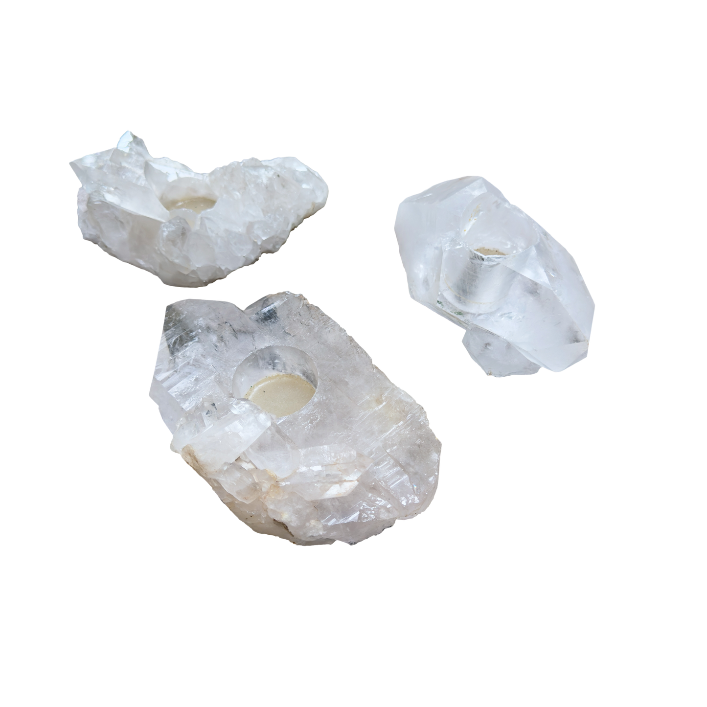 Natural clear quartz cluster candle holders from Minas Gerais Brazil with flat cut bases