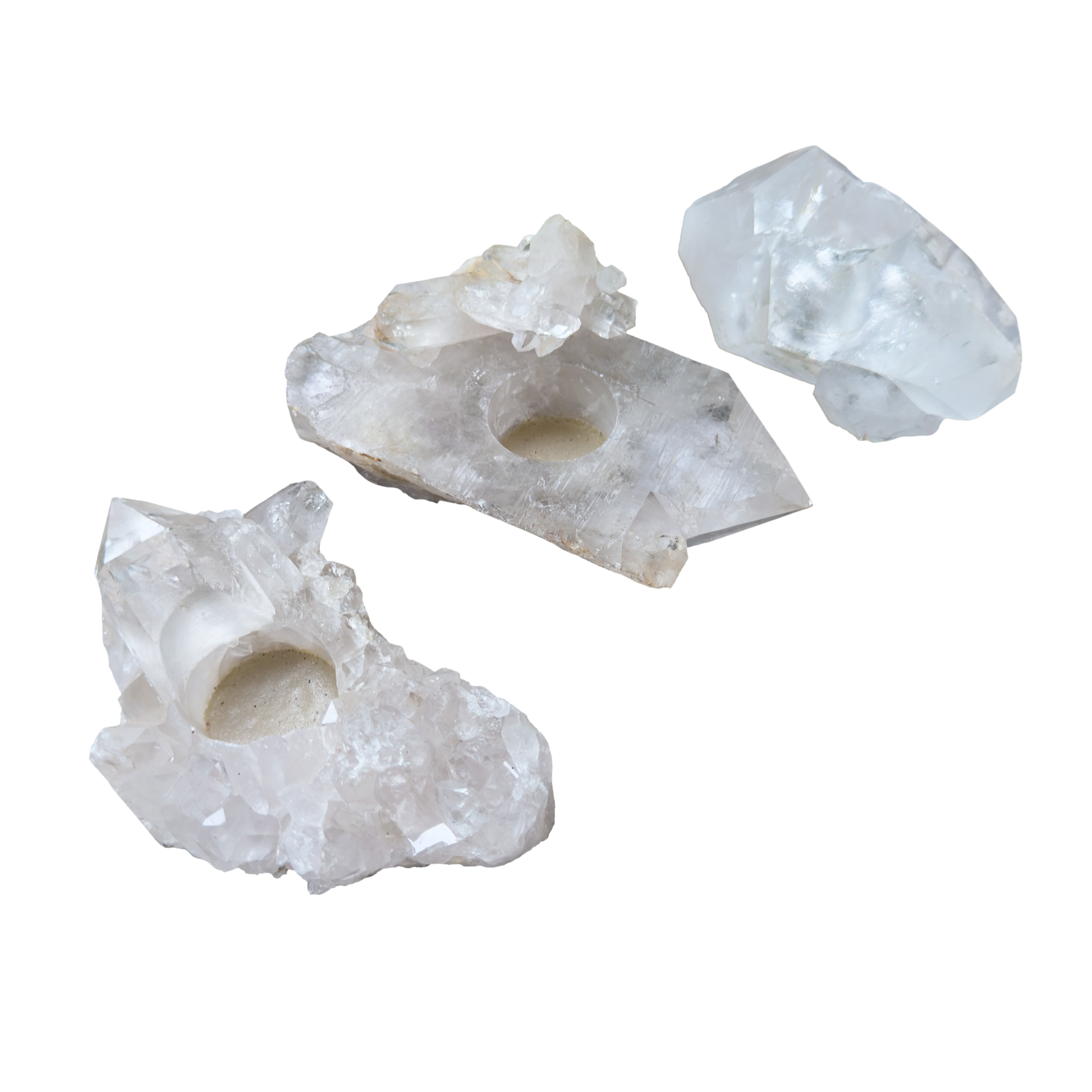 Untreated clear quartz candle holders from Brazil, drilled centre wells for tea lights