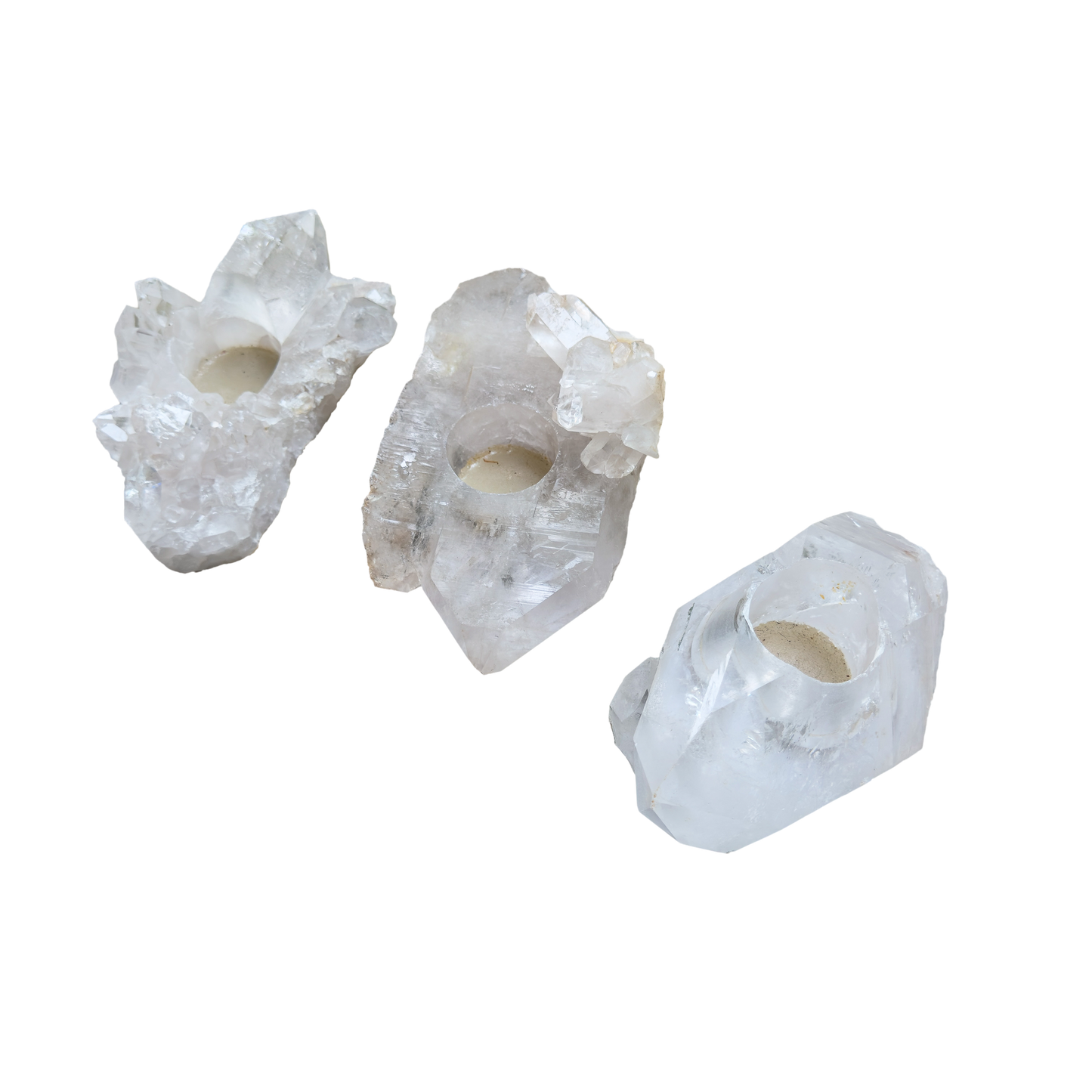 Single clear quartz candle holder, milky white cluster with a polished drilled well