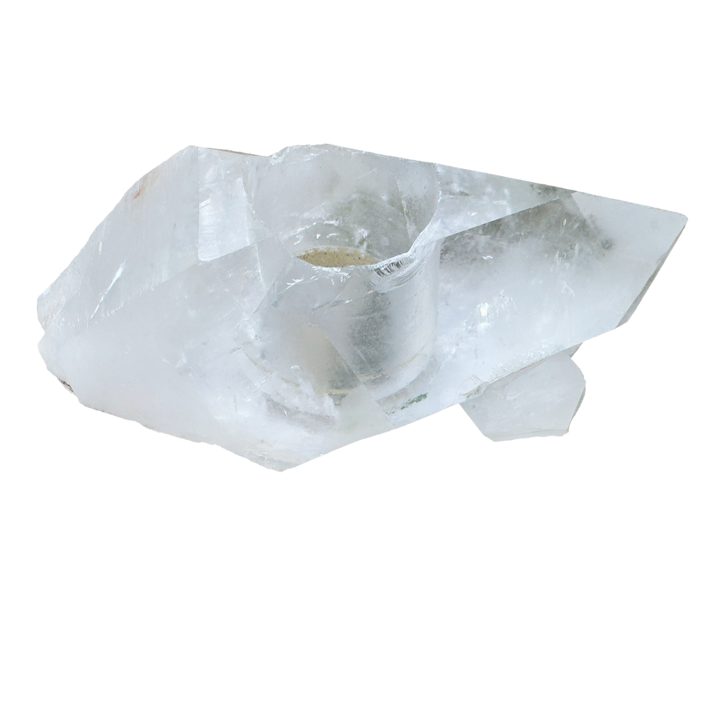 Clear quartz candle holder side view showing crystal thickness and flat cut base