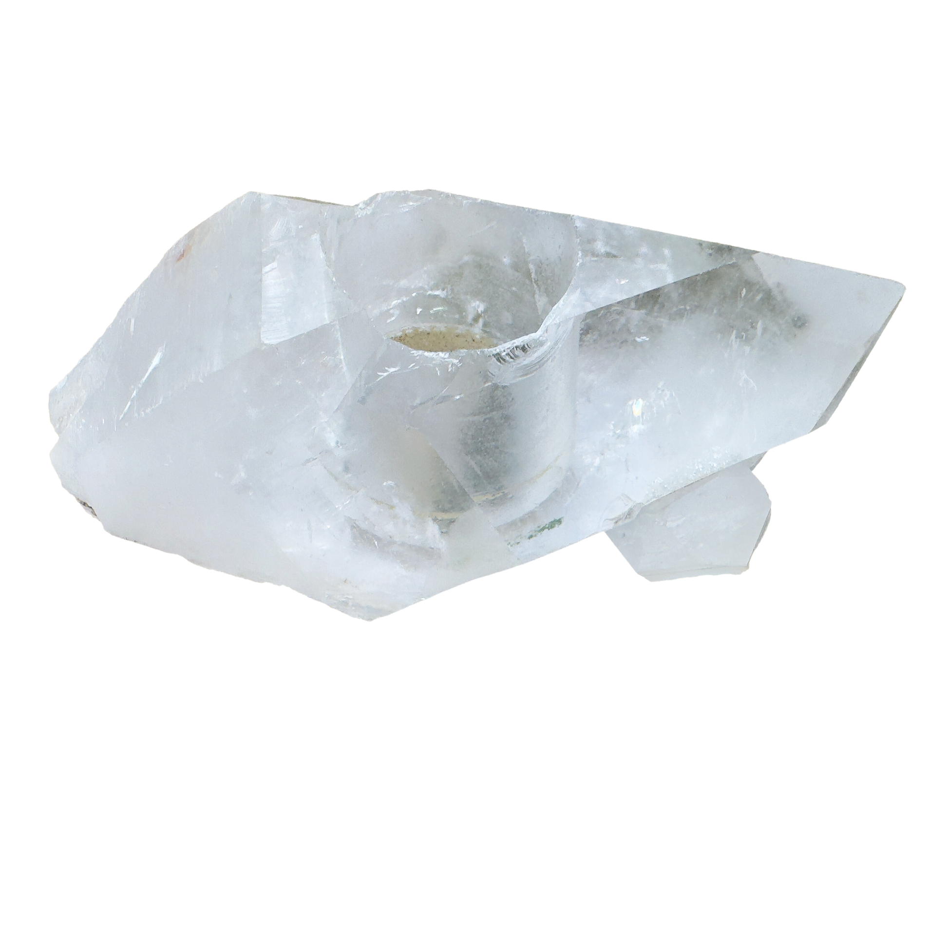 Clear quartz candle holder side view showing crystal thickness and flat cut base