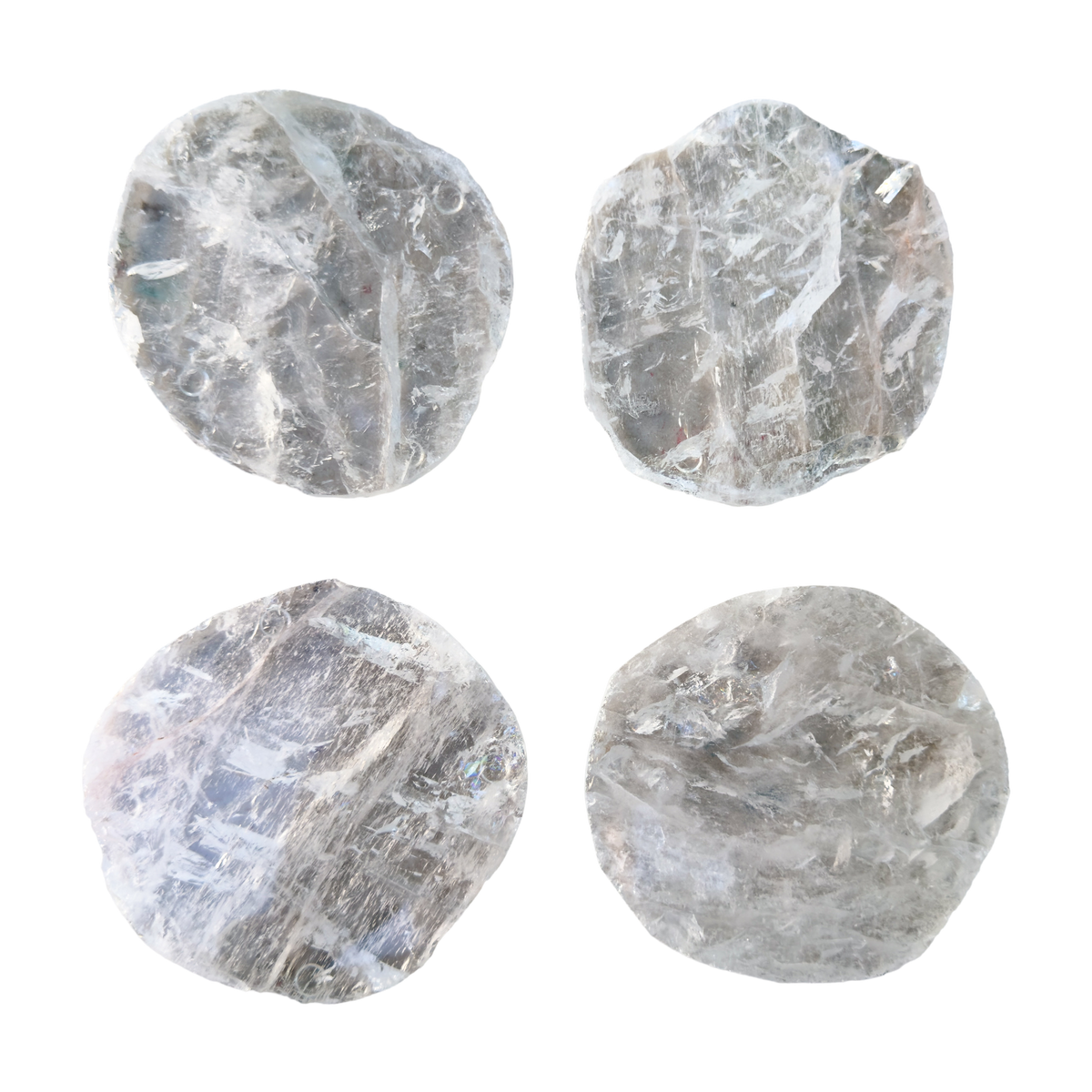 Clear Quartz coasters from Brazil, four polished crystal coasters