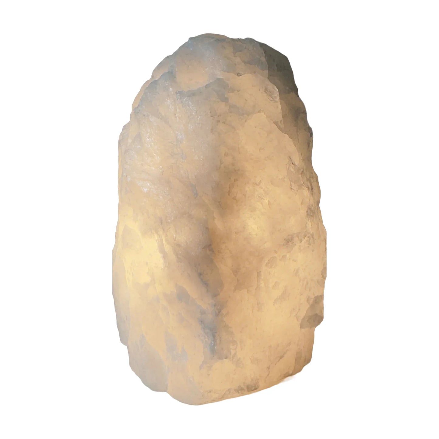 Clear quartz crystal lamp glowing, warm light, ethically sourced from Brazil