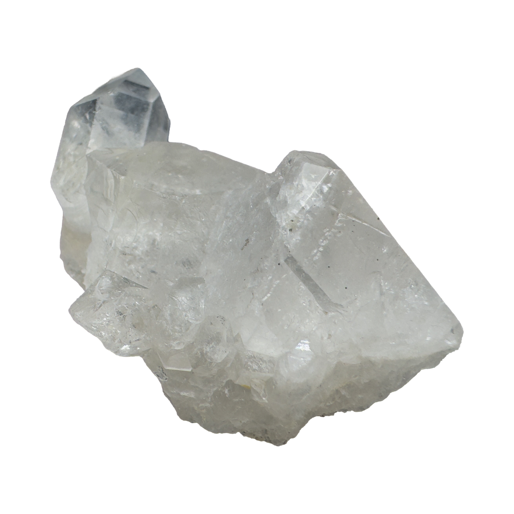 Profile view of Grade AA Clear Quartz mini cluster showing crystal points and matrix base