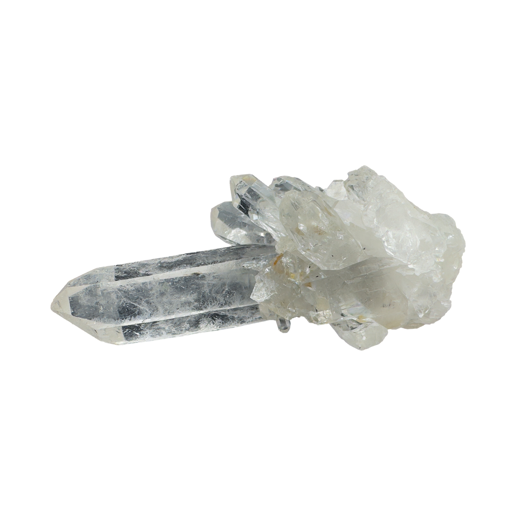 Profile view of Grade AA Clear Quartz mini cluster with natural matrix base