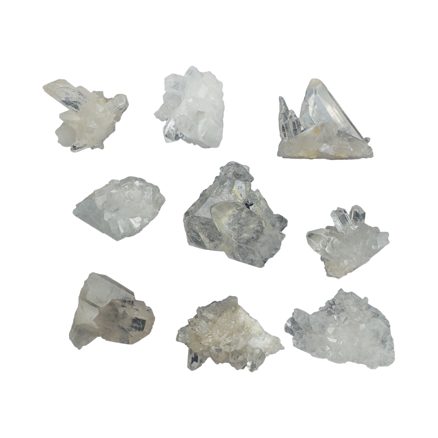 Hand-selected Grade AAA Clear Quartz mini clusters from Minas Gerais, Brazil, 1.5 to 2.5 inch with water-clear terminations