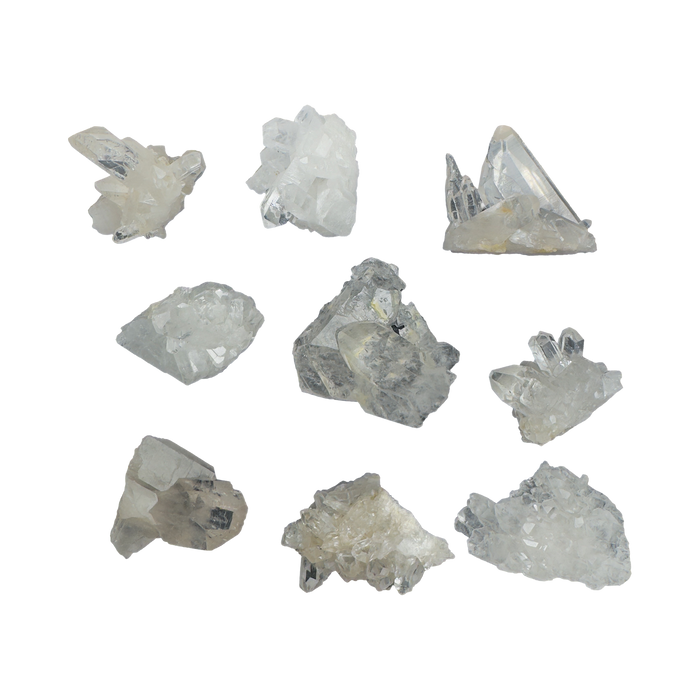 Hand-selected Grade AAA Clear Quartz mini clusters from Minas Gerais, Brazil, 1.5 to 2.5 inch with water-clear terminations