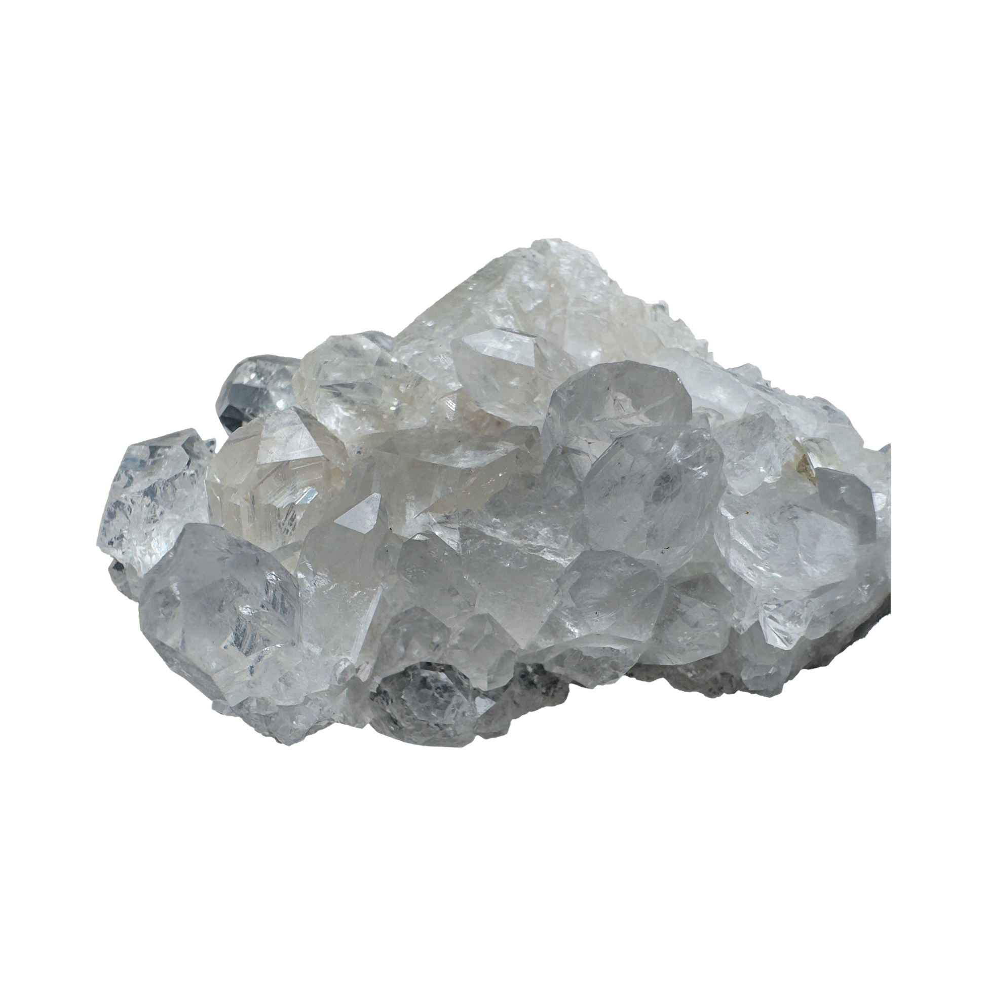 Profile view of Grade AAA Clear Quartz mini cluster showing crystal terminations on matrix base