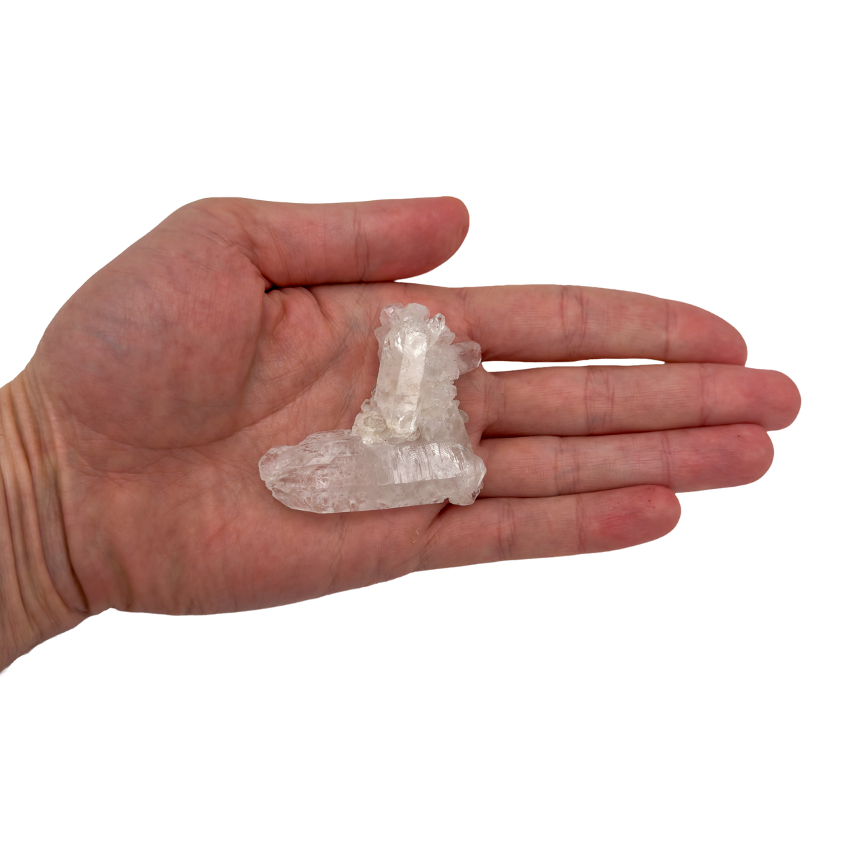 AA Grade Clear Quartz mini cluster held in hand for scale, from Minas Gerais, Brazil