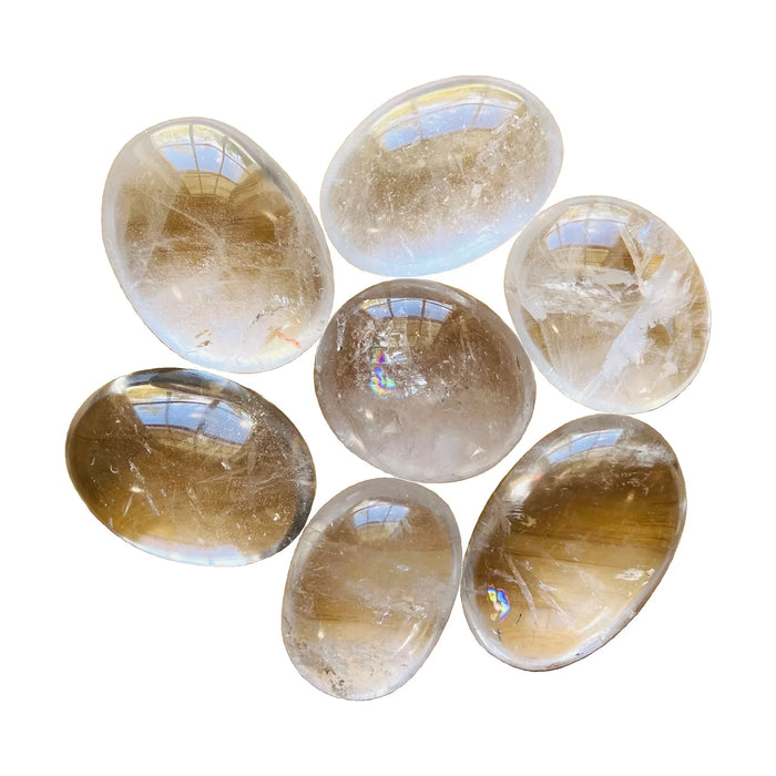 Clear Quartz Palm Stones traditionally associated with Cleansing, Healing & Manifestation — clear polished, AA Madagascar-sourced