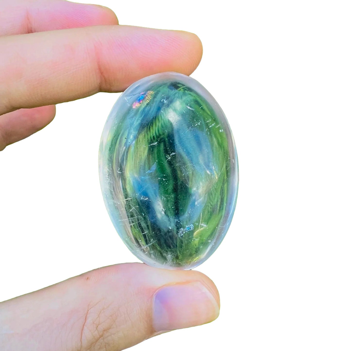 Back view of Grade AA Clear Quartz palm stone showing natural surface