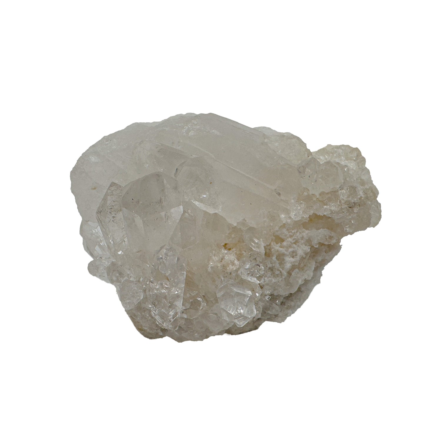 Clear quartz cluster from Brazil showing natural terminations and internal veils
