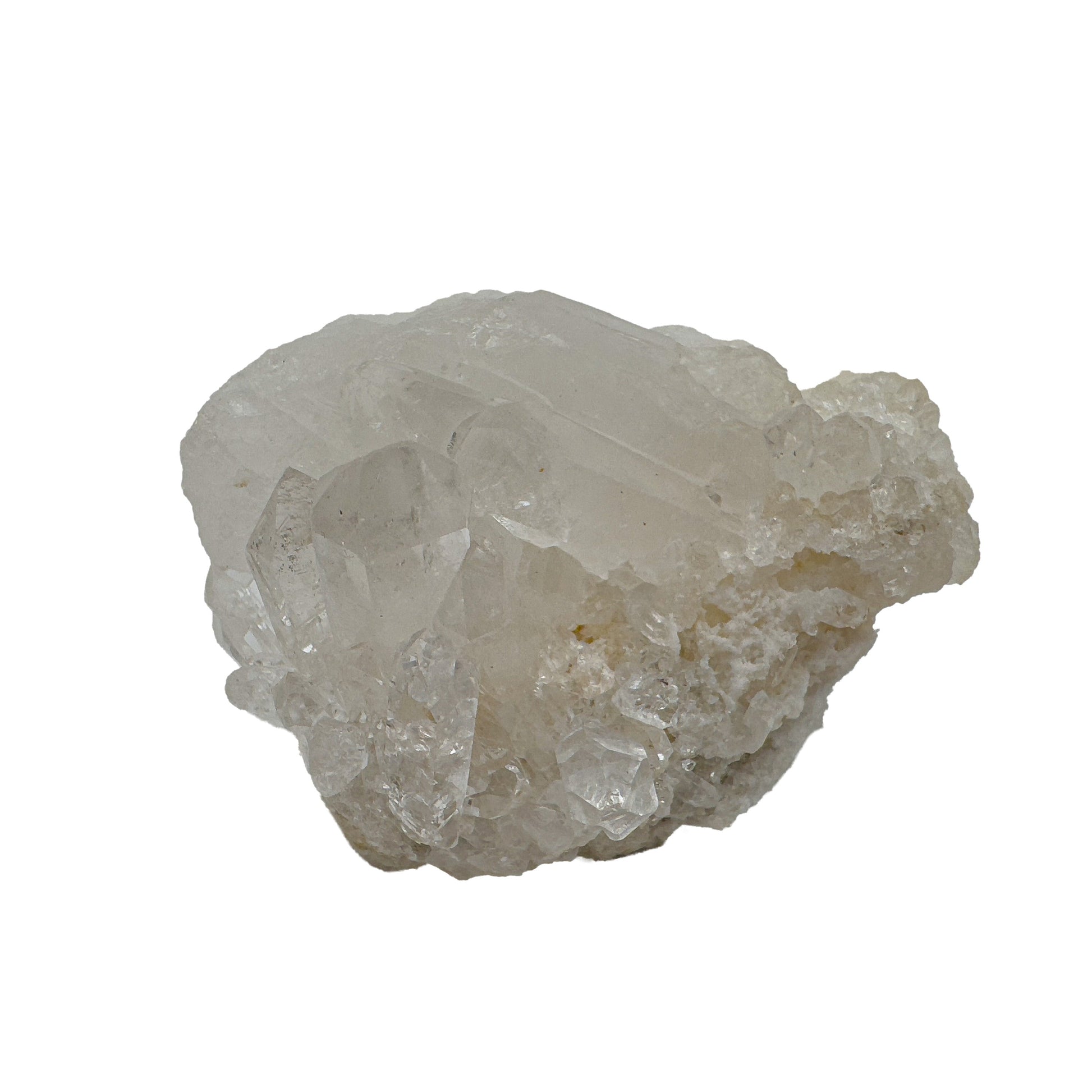 Clear quartz cluster from Brazil showing natural terminations and internal veils