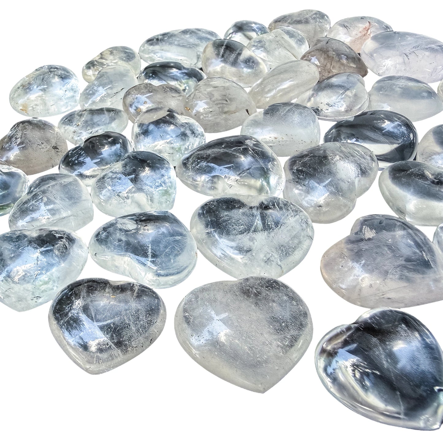 Close detail on a single Clear Quartz puffy heart showing internal veils