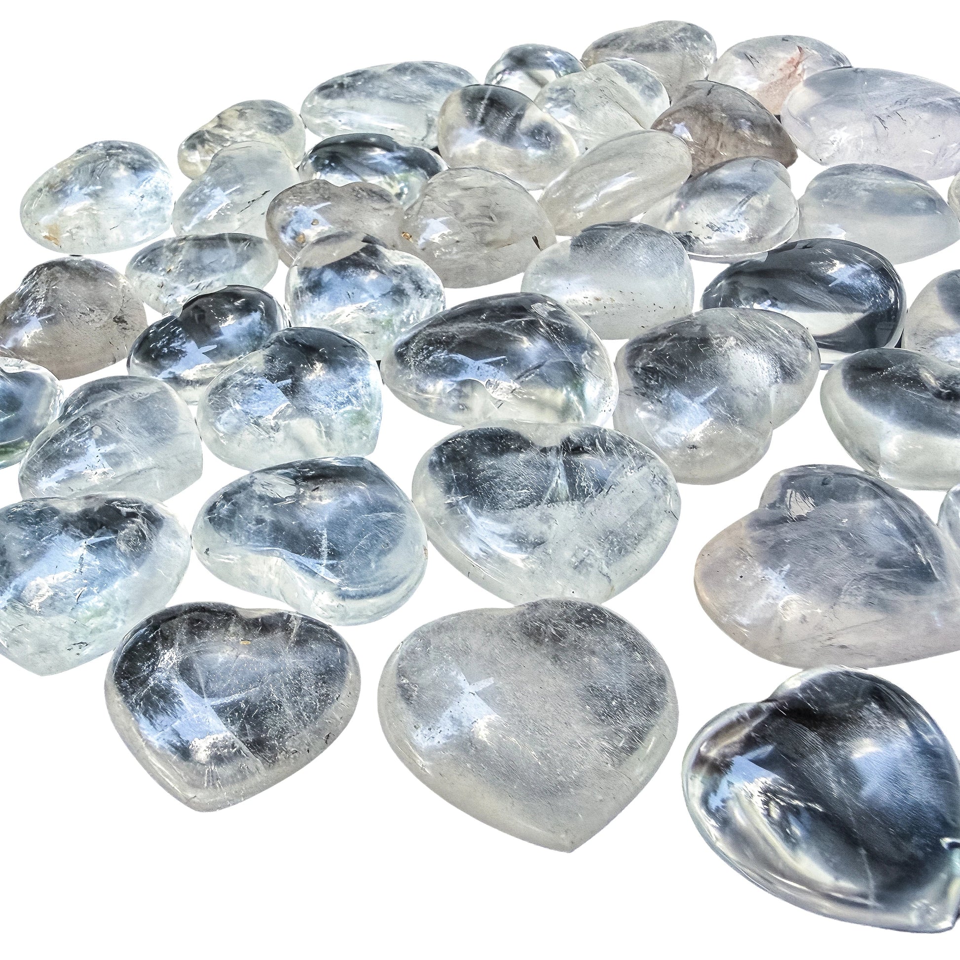 Close detail on a single Clear Quartz puffy heart showing internal veils