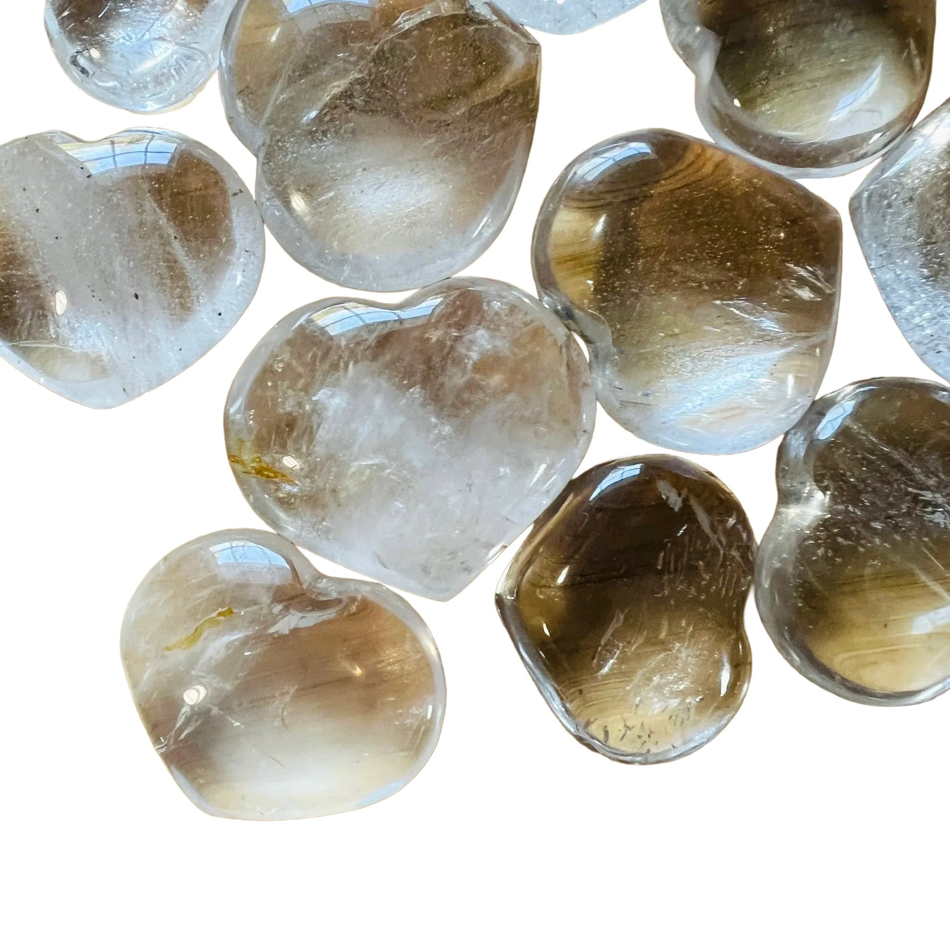 Side-on view of Grade AA Clear Quartz polished heart, often paired with practices around Cleansing and Meditation, showing.