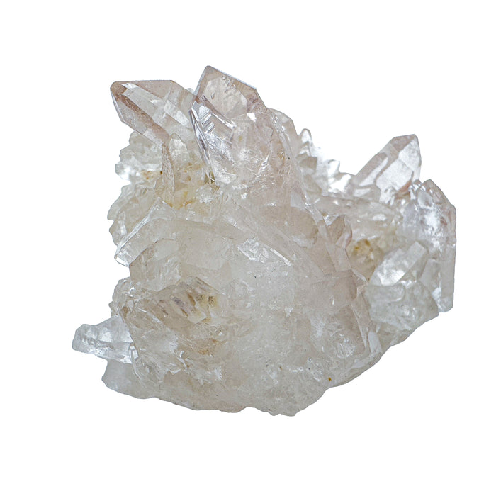 Clear Quartz Mini Crystal Clusters, AA Grade, Brazil: one cluster on a white background, clear pointed crystals rising from a milky base