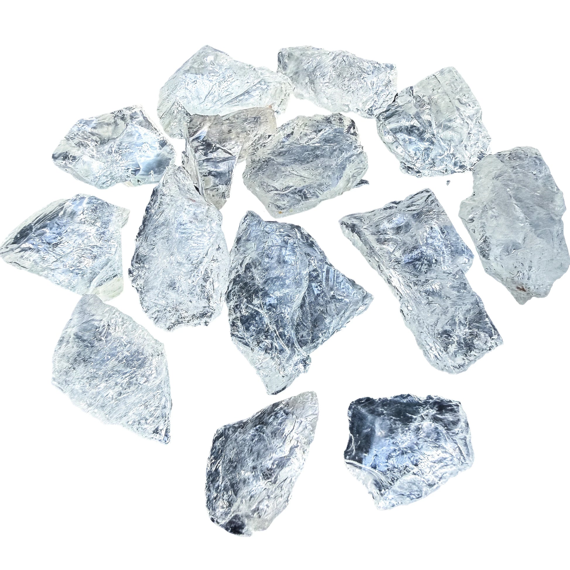 Angled view of mid-size Clear Quartz rough showing bright fracture faces