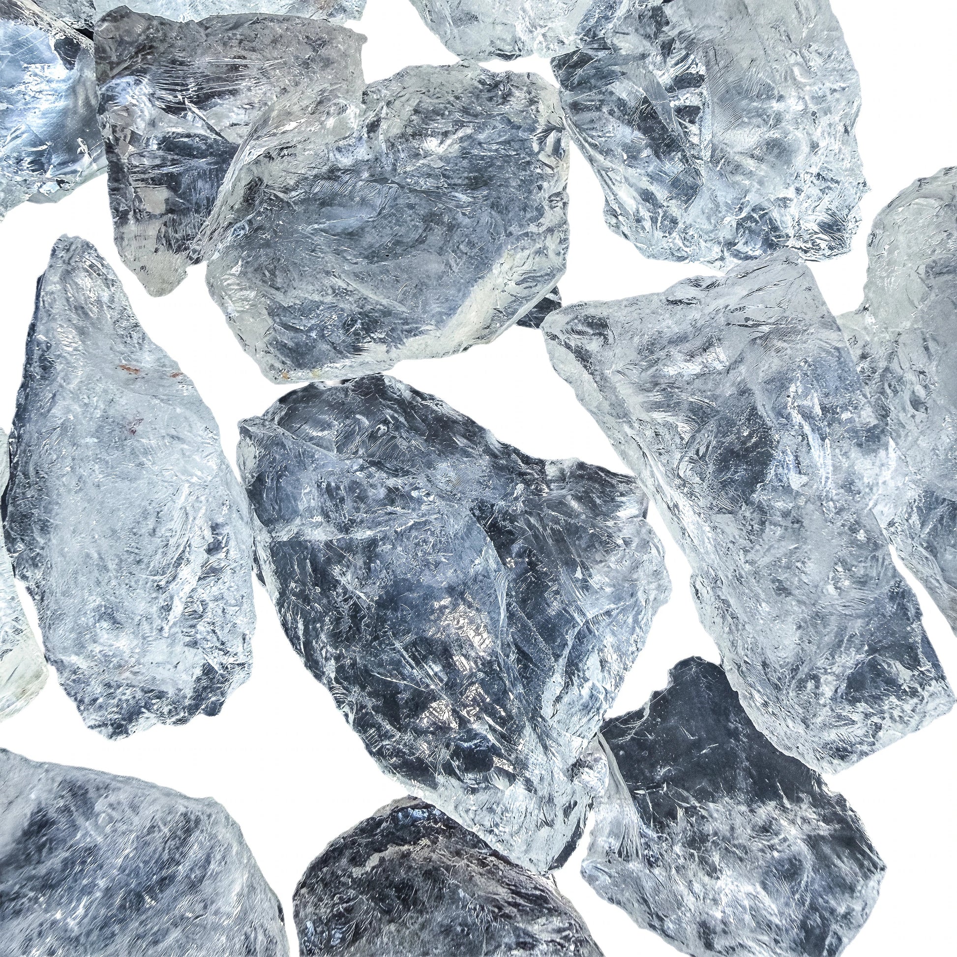 Overhead flat-lay of 1 to 2 inch Clear Quartz rough from Brazil