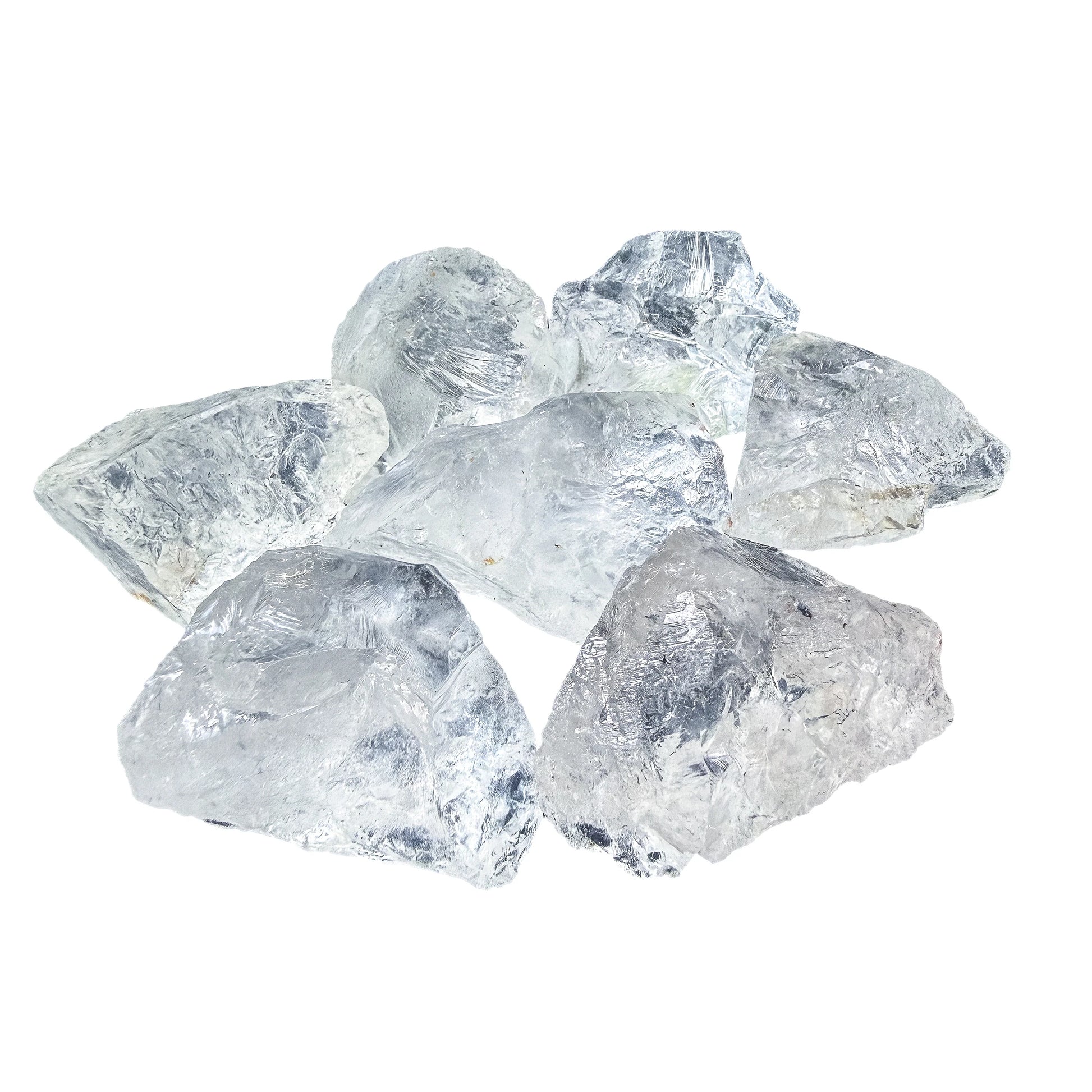 Four large Clear Quartz rough chunks arranged to show the top of the size range