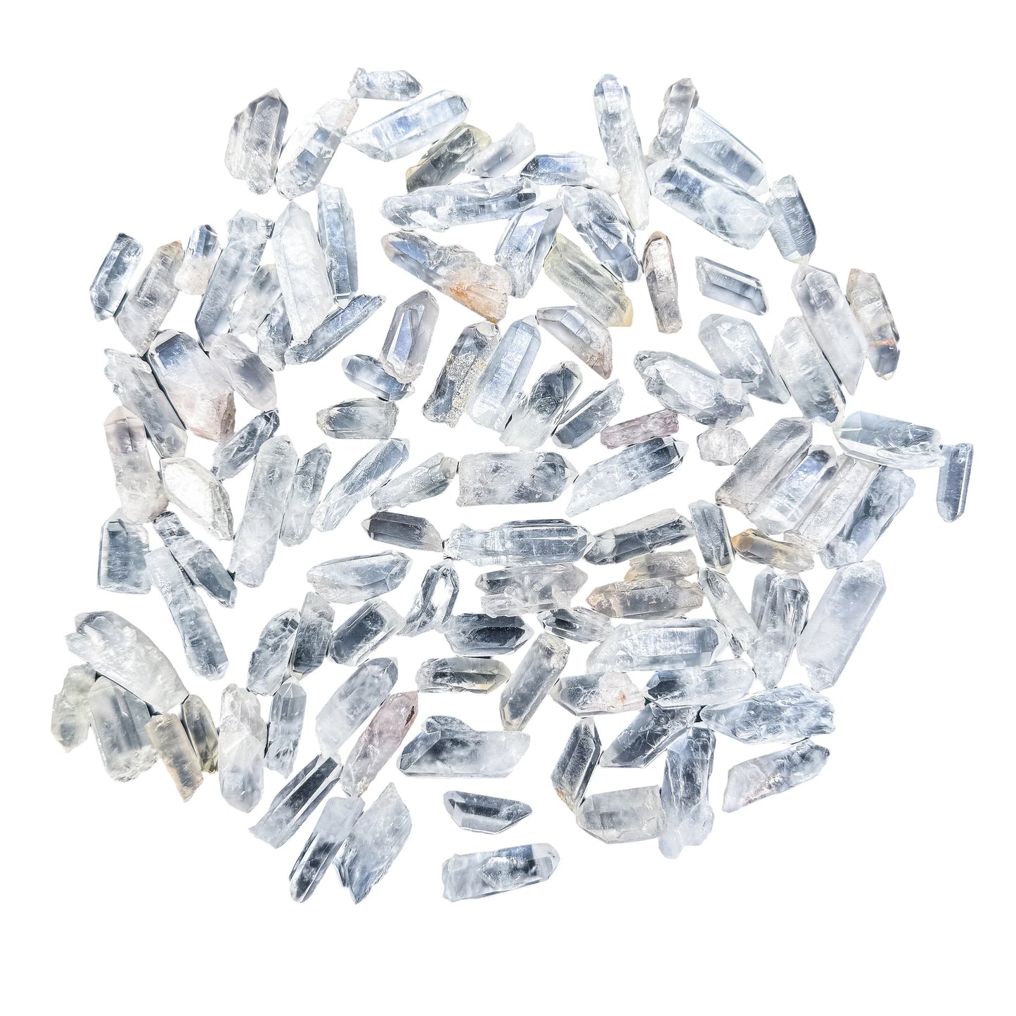 Full scatter of small Clear Quartz raw points, A grade, 0.5 to 1.5 inch, from Alaotra-Mangoro, Madagascar