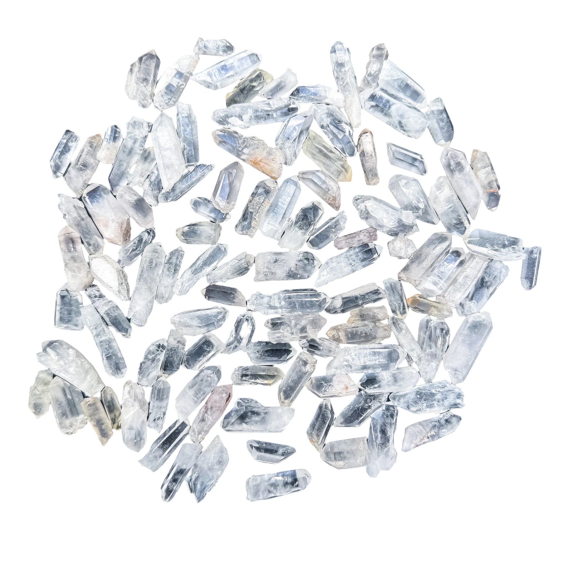 Full scatter of small Clear Quartz raw points, A grade, 0.5 to 1.5 inch, from Alaotra-Mangoro, Madagascar