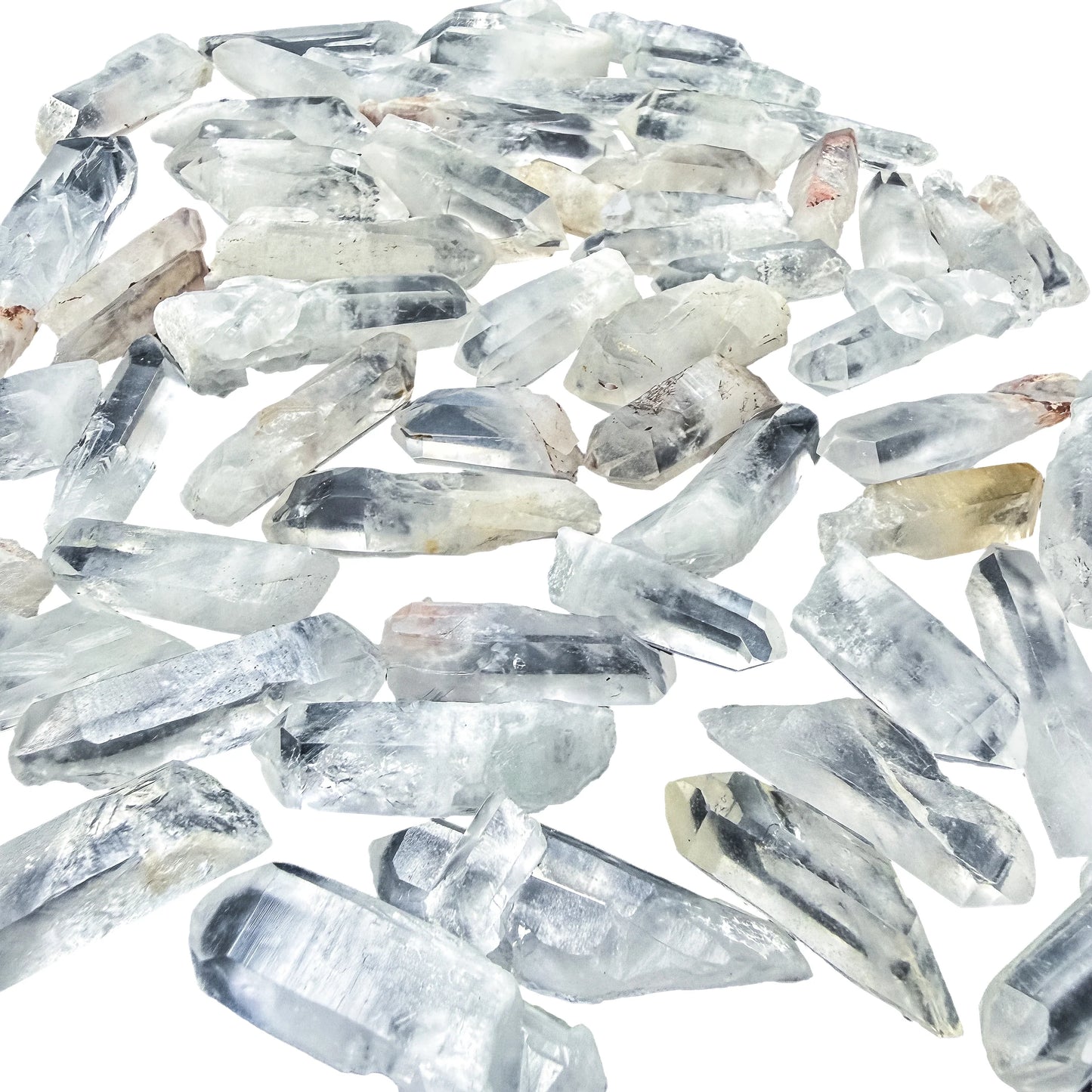 Close view of Clear Quartz points at the larger end of the range, natural facets uncut