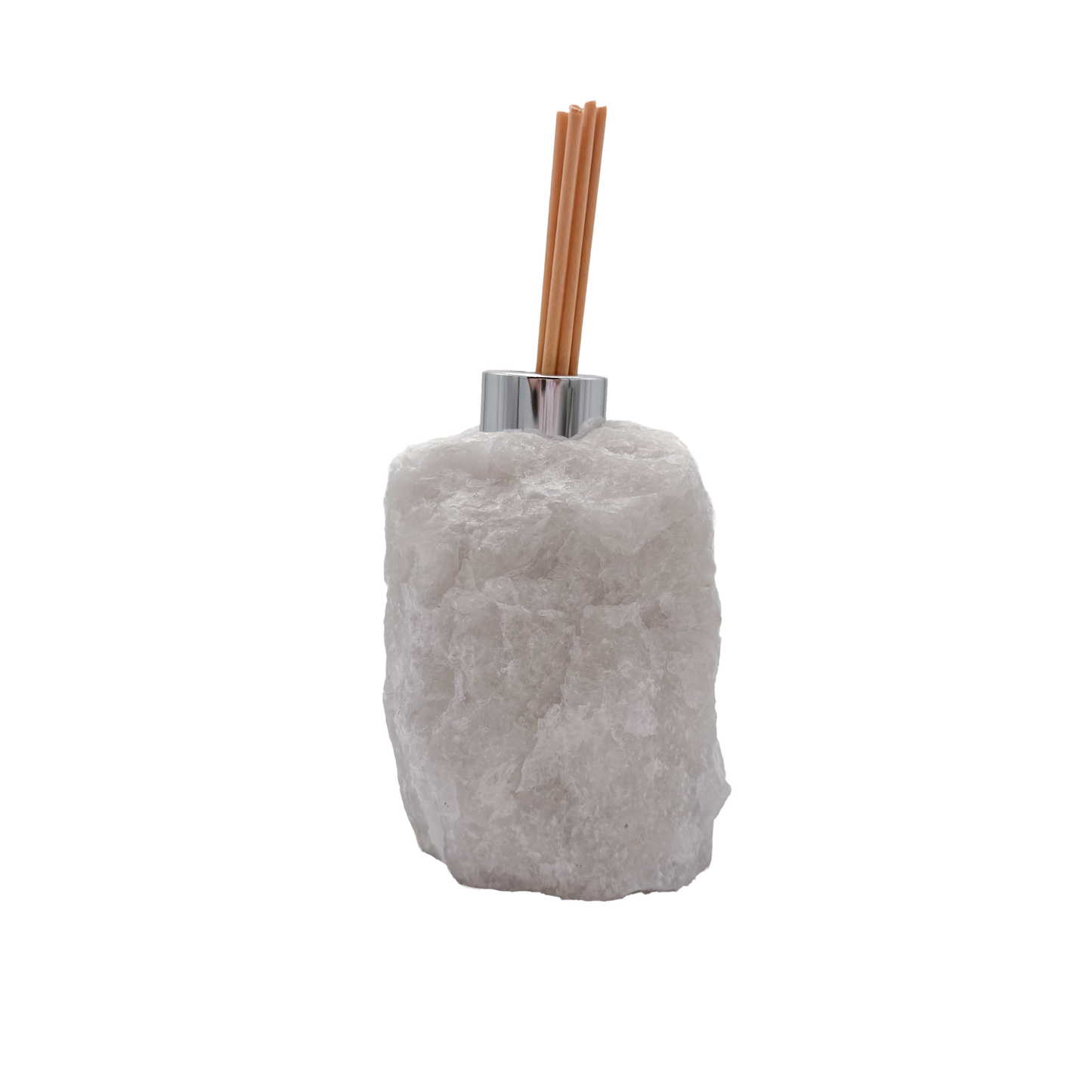 Clear quartz reed oil diffuser from Brazil, raw natural stone block with chrome collar and reeds