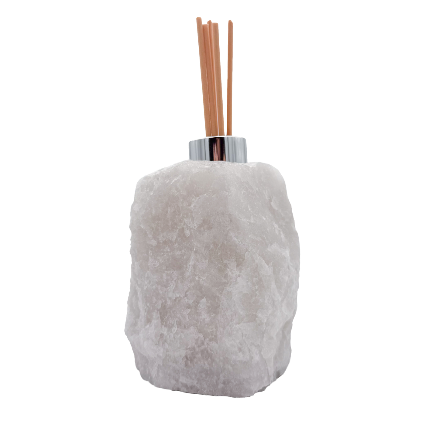 Clear quartz reed diffuser angled view showing milky white crystal texture