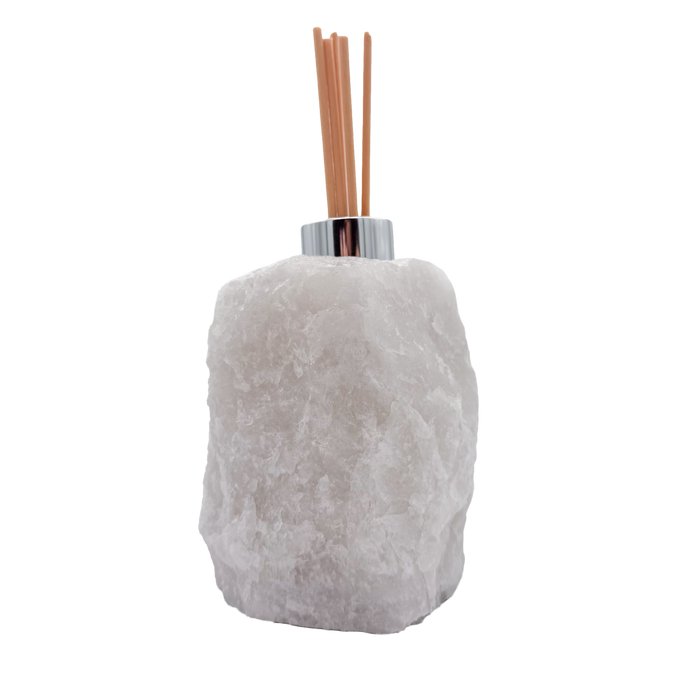 Clear quartz reed diffuser angled view showing milky white crystal texture