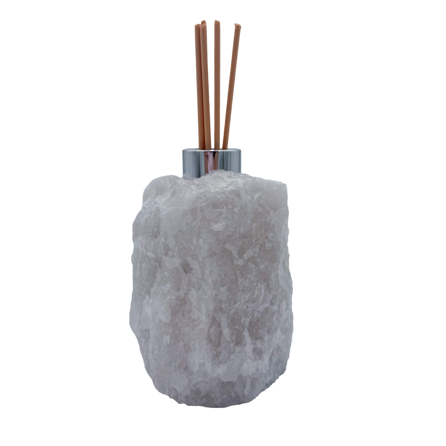 Clear quartz reed oil diffuser rear view, untreated natural crystal surface