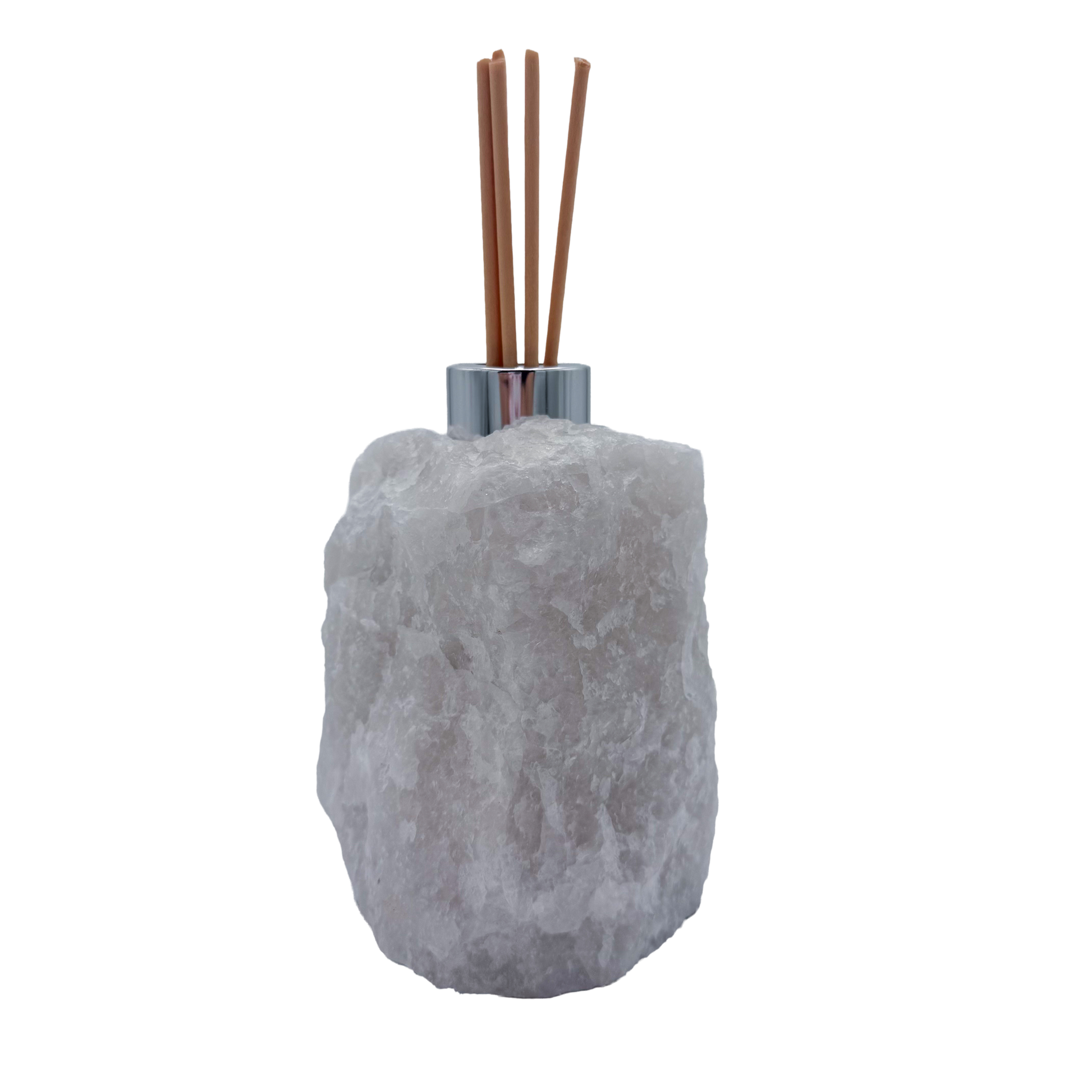 Clear quartz reed oil diffuser rear view, untreated natural crystal surface