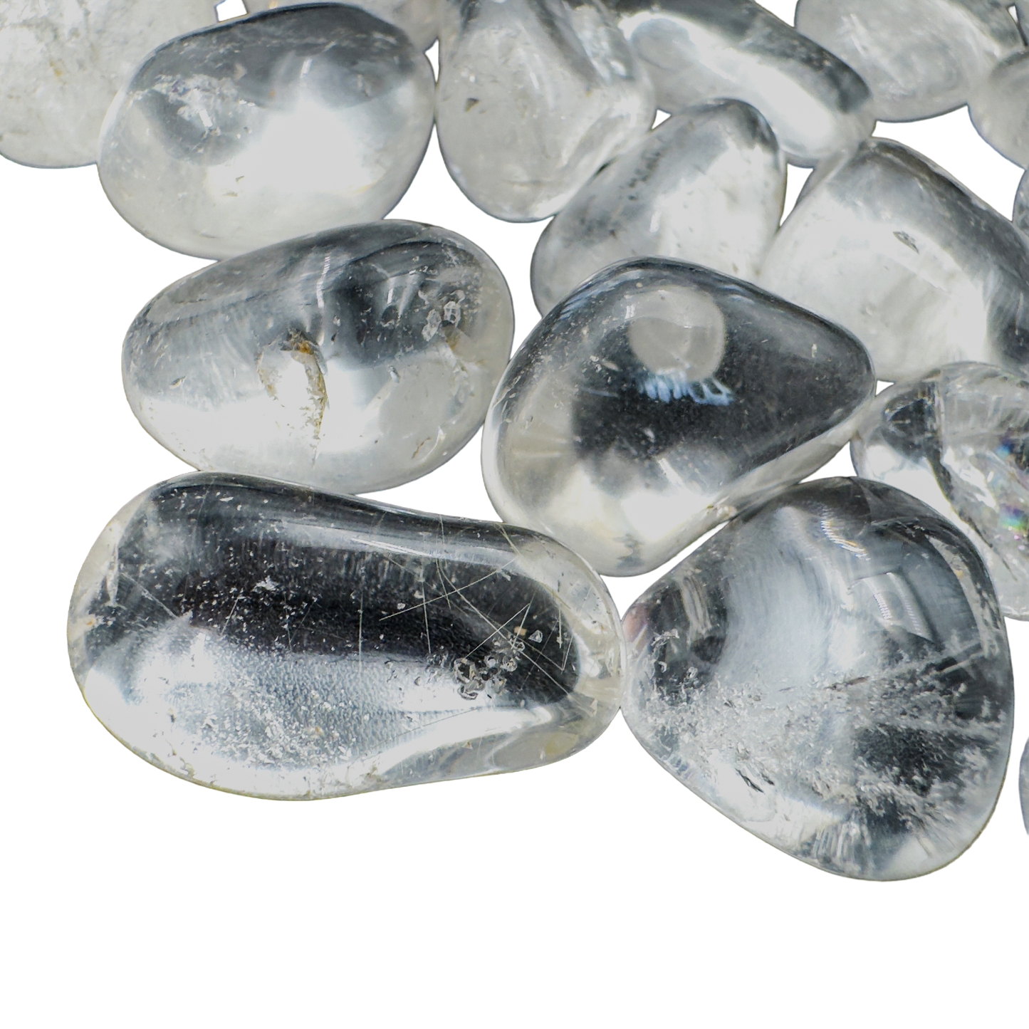 Clear Quartz tumbled stones with translucent crystalline interiors, 5 to 15 grams per piece, AAA grade from Brazil