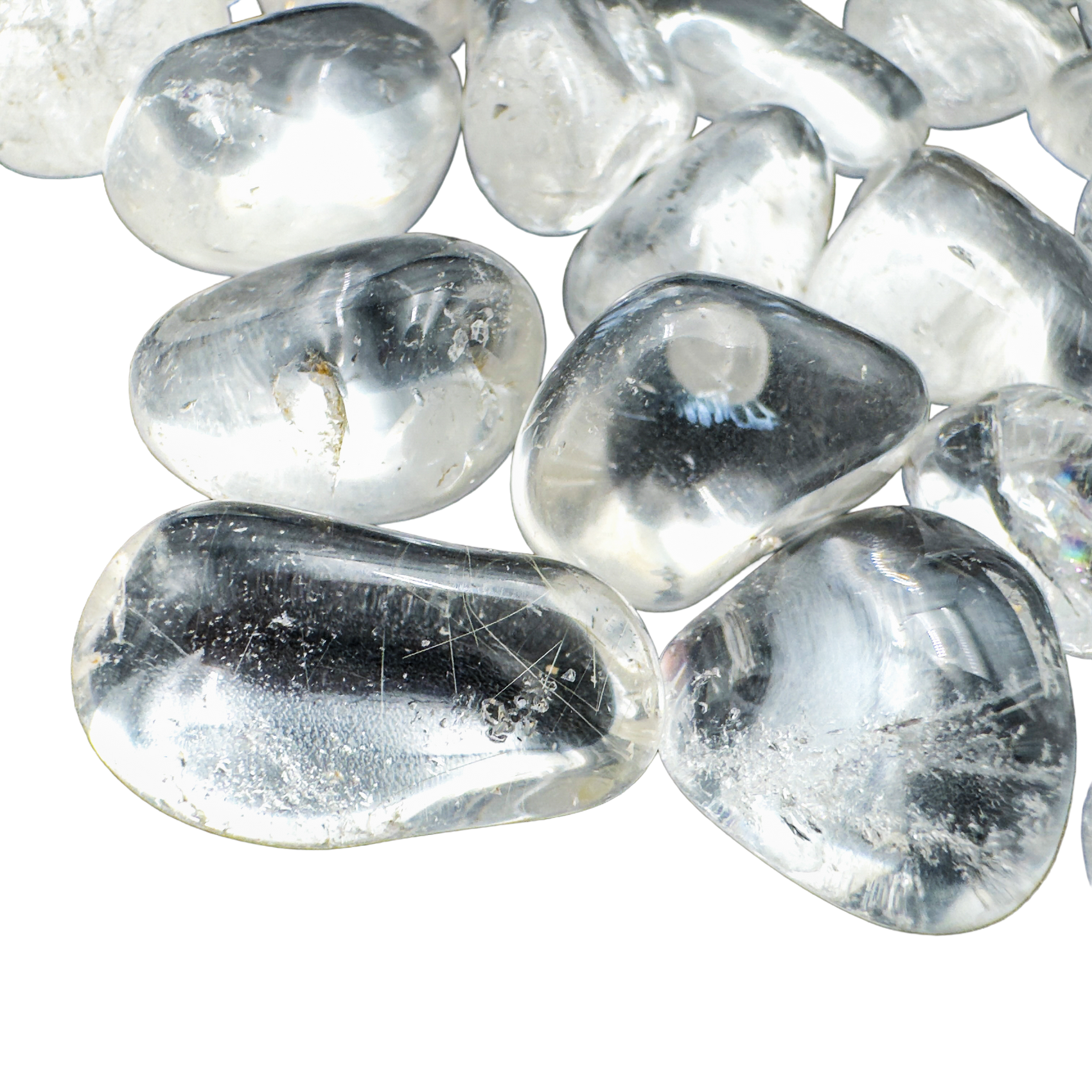 Clear Quartz tumbled stones with translucent crystalline interiors, 5 to 15 grams per piece, AAA grade from Brazil